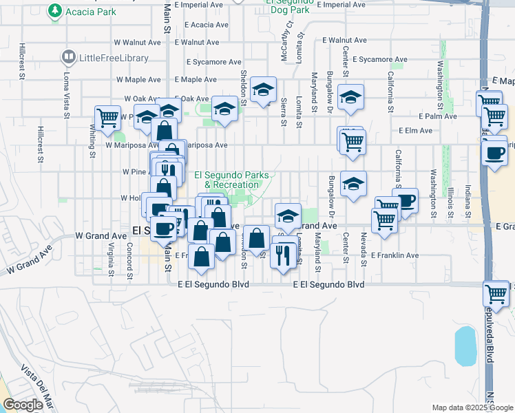 map of restaurants, bars, coffee shops, grocery stores, and more near 339 Penn Street in El Segundo