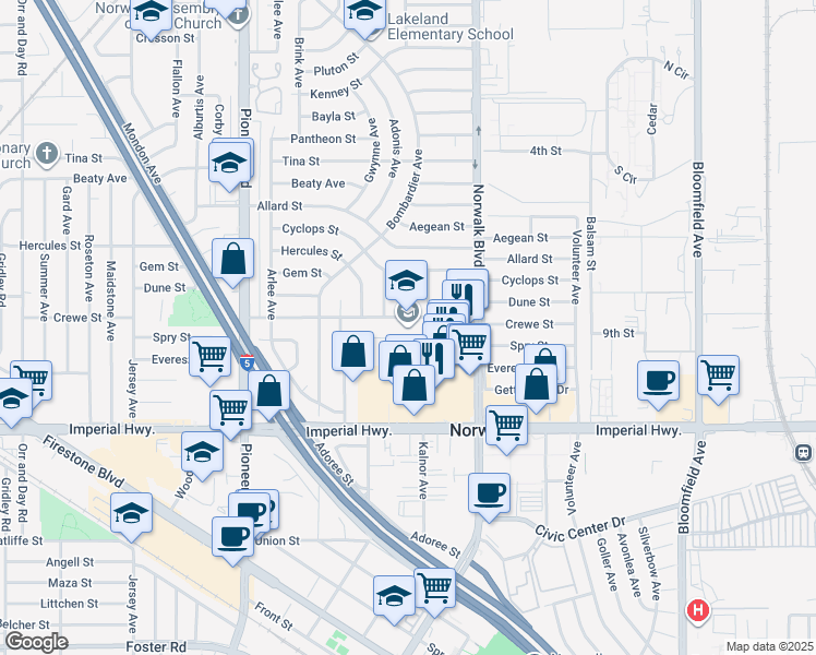 map of restaurants, bars, coffee shops, grocery stores, and more near 12100 Crewe Street in Norwalk