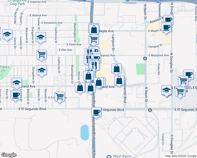 map of restaurants, bars, coffee shops, grocery stores, and more near 390 North Pacific Coast Highway in El Segundo