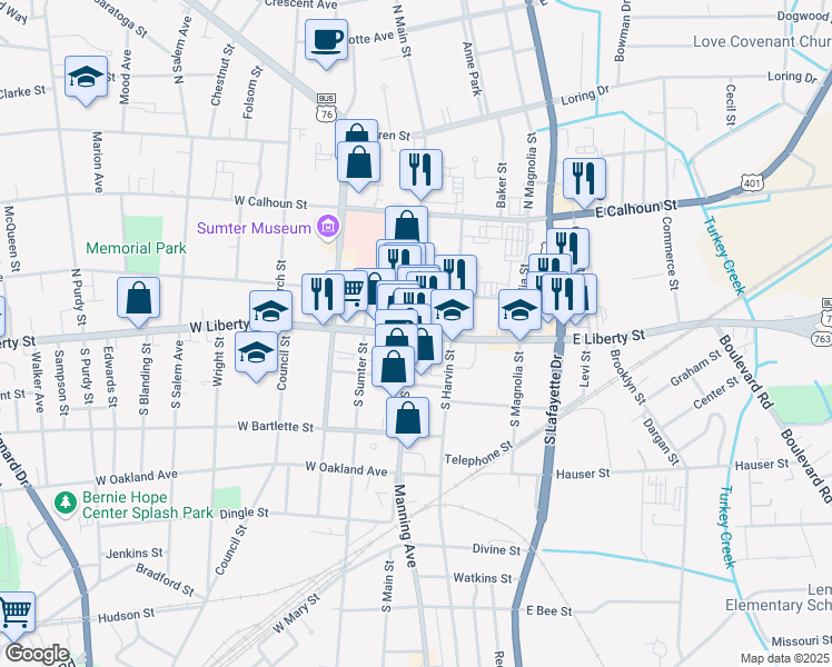 map of restaurants, bars, coffee shops, grocery stores, and more near in Sumter