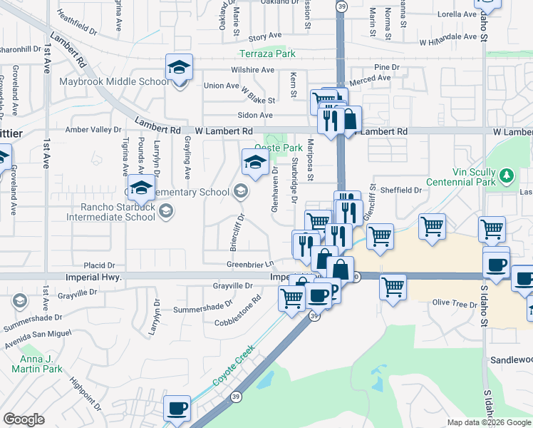 map of restaurants, bars, coffee shops, grocery stores, and more near 961 Glenhaven Drive in La Habra