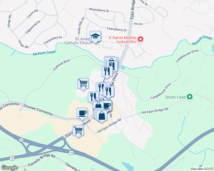 map of restaurants, bars, coffee shops, grocery stores, and more near 1081 Parkway Boulevard in Athens