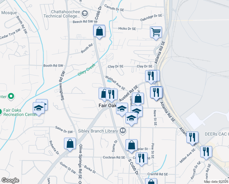 map of restaurants, bars, coffee shops, grocery stores, and more near 1305 South Cobb Drive in Marietta