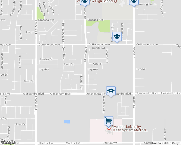 map of restaurants, bars, coffee shops, grocery stores, and more near 26538 Pegasus Way in Moreno Valley