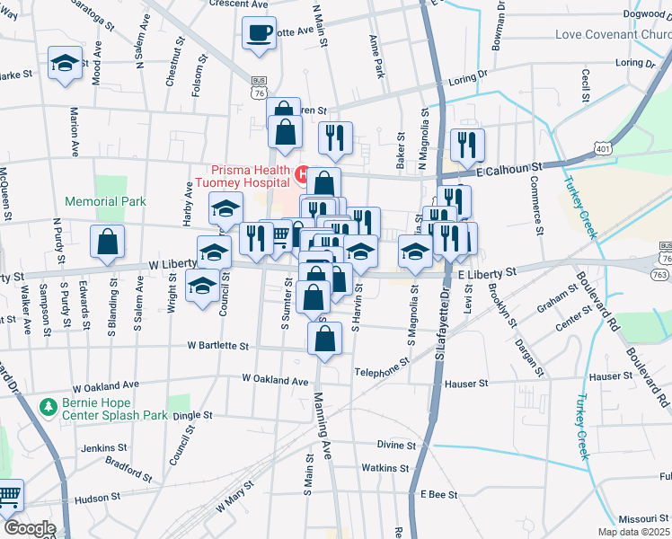 map of restaurants, bars, coffee shops, grocery stores, and more near 5 East Liberty Street in Sumter