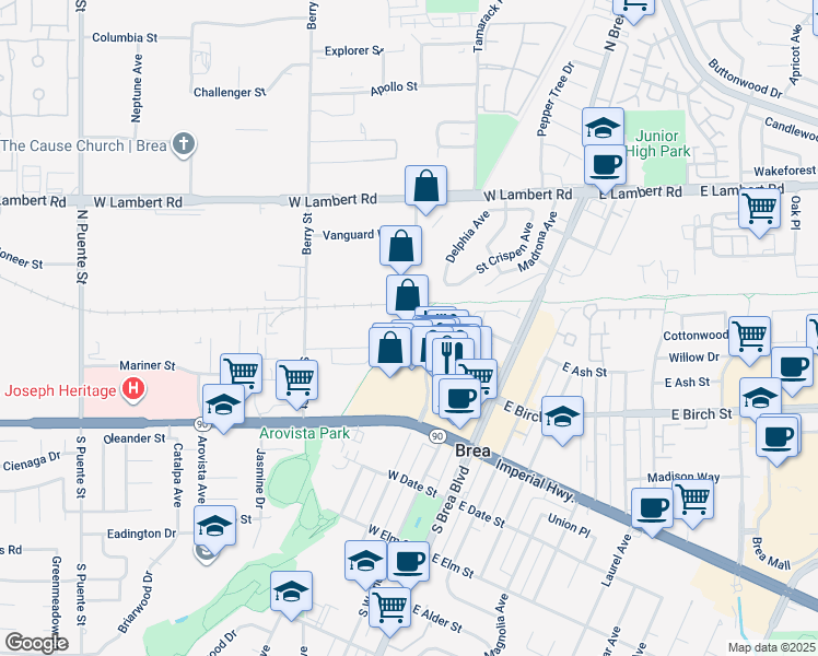 map of restaurants, bars, coffee shops, grocery stores, and more near 517 Mercury Lane in Brea