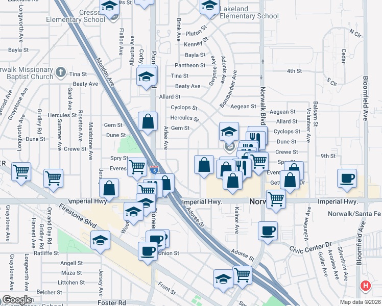 map of restaurants, bars, coffee shops, grocery stores, and more near 12208 Bombardier Avenue in Norwalk