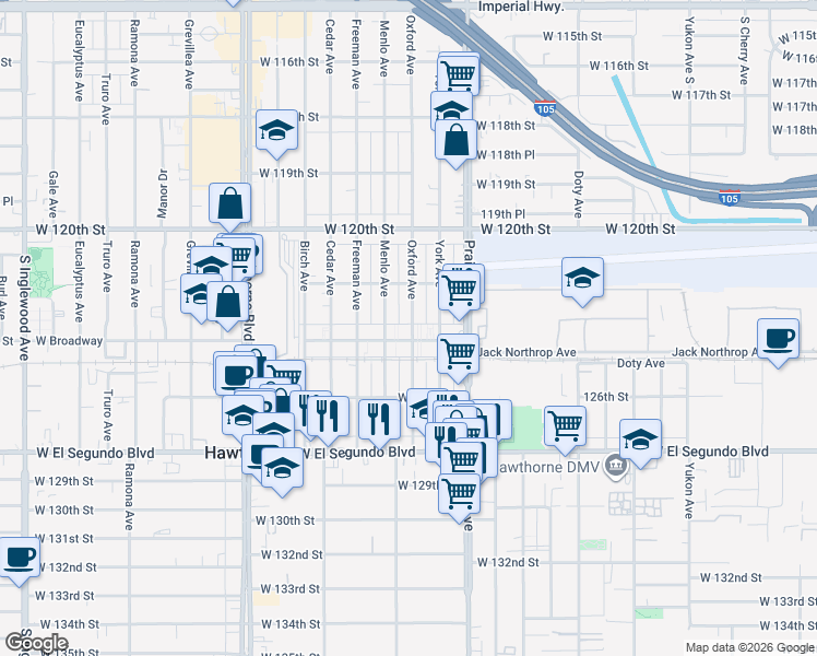 map of restaurants, bars, coffee shops, grocery stores, and more near 12329 Oxford Avenue in Hawthorne