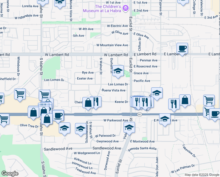 map of restaurants, bars, coffee shops, grocery stores, and more near 411 Las Lomas Drive in La Habra