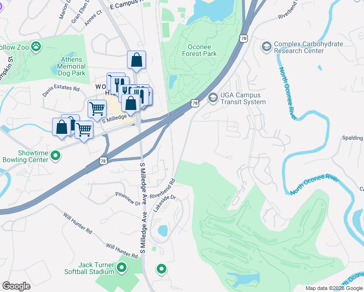 map of restaurants, bars, coffee shops, grocery stores, and more near 2530 Riverbend Road in Athens