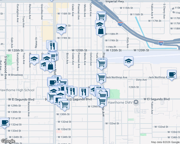 map of restaurants, bars, coffee shops, grocery stores, and more near 12329 Oxford Avenue in Hawthorne
