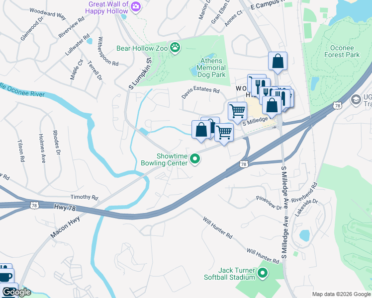 map of restaurants, bars, coffee shops, grocery stores, and more near 550 Macon Highway in Athens