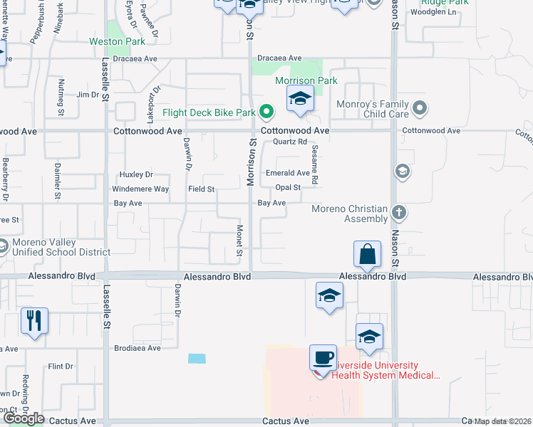 map of restaurants, bars, coffee shops, grocery stores, and more near 26538 Pegasus Way in Moreno Valley