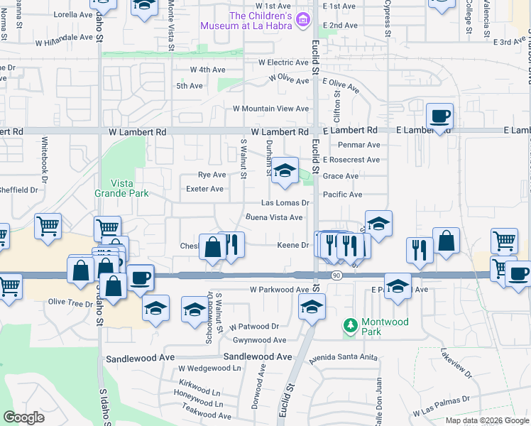 map of restaurants, bars, coffee shops, grocery stores, and more near 401 Buena Vista Avenue in La Habra