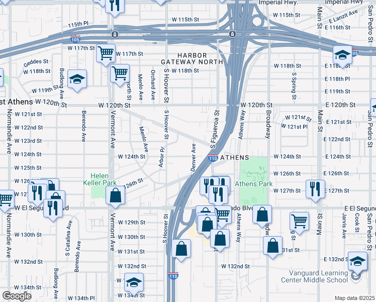 map of restaurants, bars, coffee shops, grocery stores, and more near 611 West 124th Street in Los Angeles