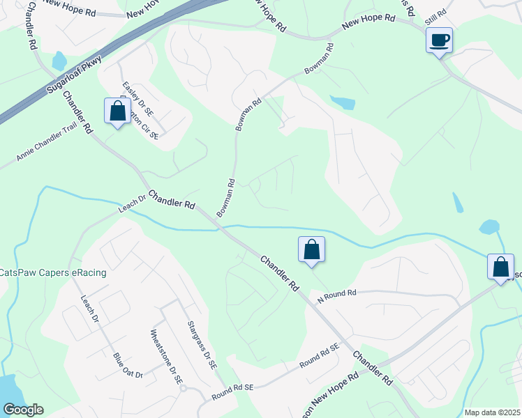 map of restaurants, bars, coffee shops, grocery stores, and more near 1680 Chandler Road in Lawrenceville