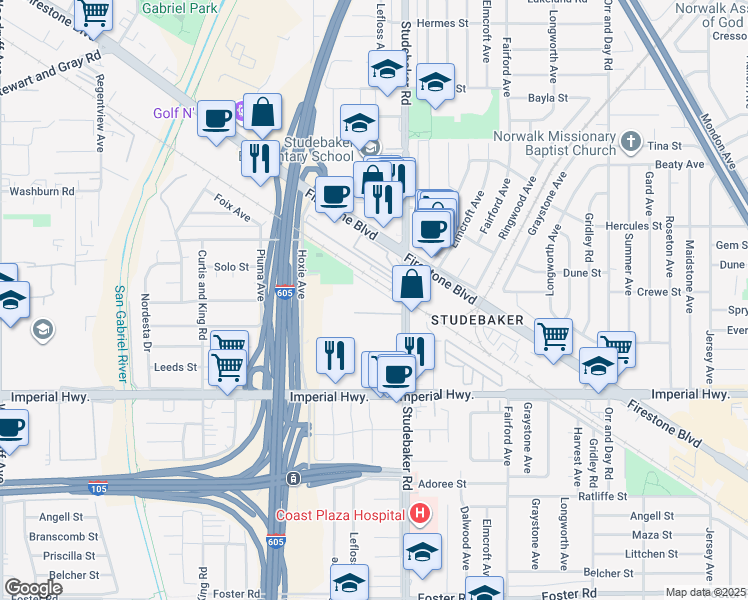 map of restaurants, bars, coffee shops, grocery stores, and more near 12301 Studebaker Road in Norwalk