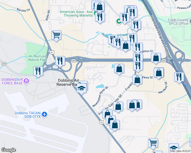 map of restaurants, bars, coffee shops, grocery stores, and more near 1981 Hidden Glen Drive Southeast in Marietta