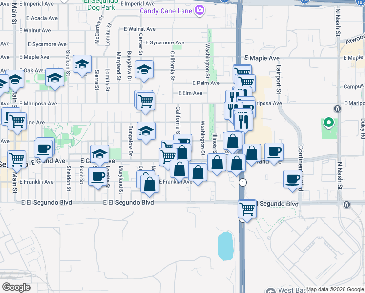map of restaurants, bars, coffee shops, grocery stores, and more near 1438 Elin Pointe Drive in El Segundo