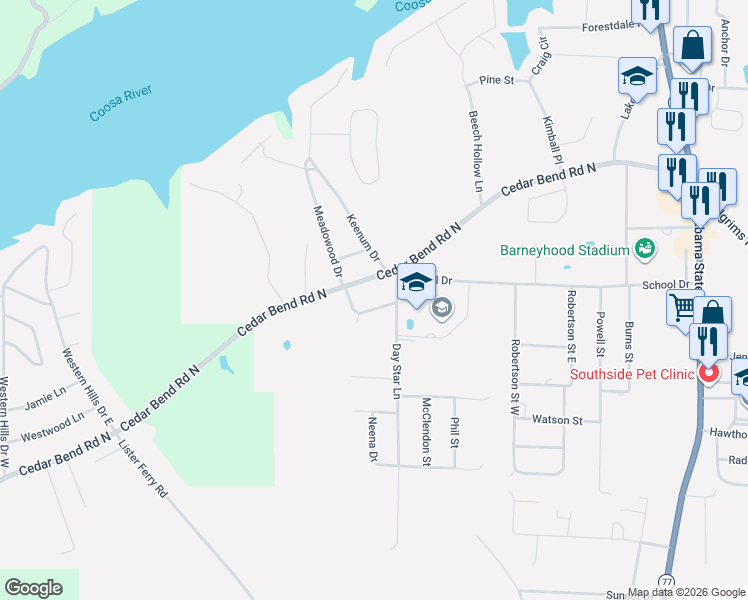 map of restaurants, bars, coffee shops, grocery stores, and more near 2167 Cedar Bend Road North in Gadsden