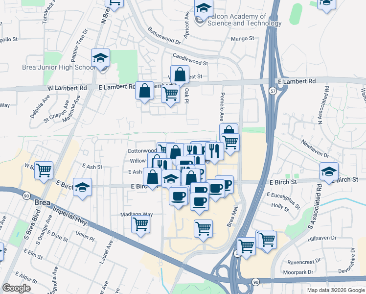 map of restaurants, bars, coffee shops, grocery stores, and more near 834 East Almond Drive in Brea
