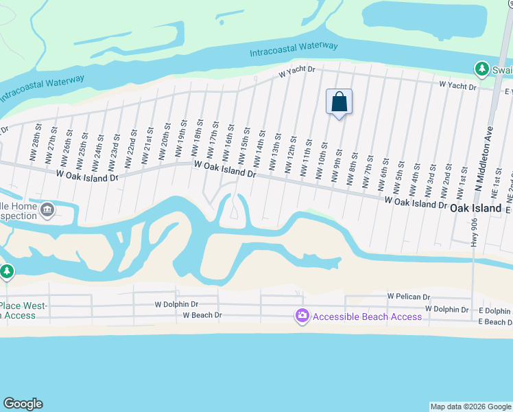 map of restaurants, bars, coffee shops, grocery stores, and more near 107 Southwest 13th Street in Oak Island