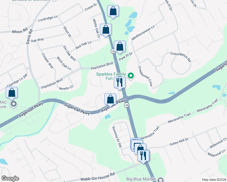 map of restaurants, bars, coffee shops, grocery stores, and more near 750 Old Johnson Road in Lawrenceville