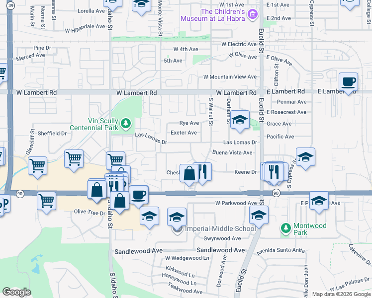 map of restaurants, bars, coffee shops, grocery stores, and more near 641 Buena Vista Avenue in La Habra