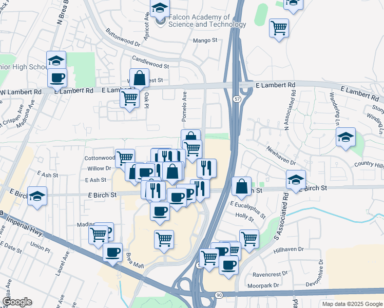 map of restaurants, bars, coffee shops, grocery stores, and more near 115 South State College Boulevard in Brea