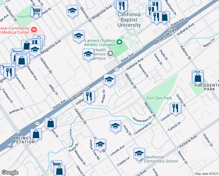 map of restaurants, bars, coffee shops, grocery stores, and more near 8830 Indiana Avenue in Riverside