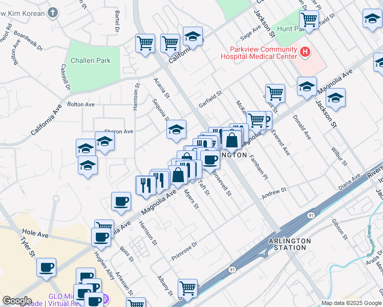 map of restaurants, bars, coffee shops, grocery stores, and more near 9631 Hayes Street in Riverside