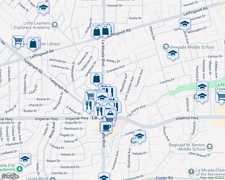 map of restaurants, bars, coffee shops, grocery stores, and more near 15020 Olive Lane in La Mirada