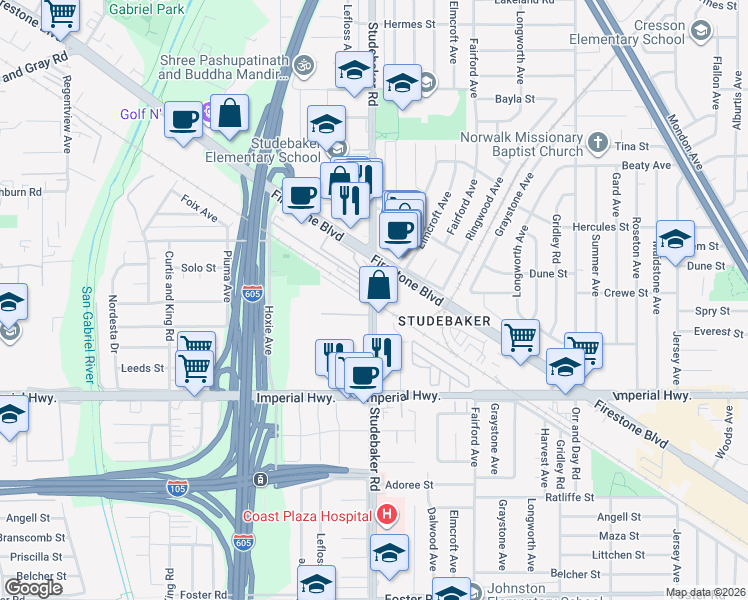 map of restaurants, bars, coffee shops, grocery stores, and more near 12401 Studebaker Road in Norwalk