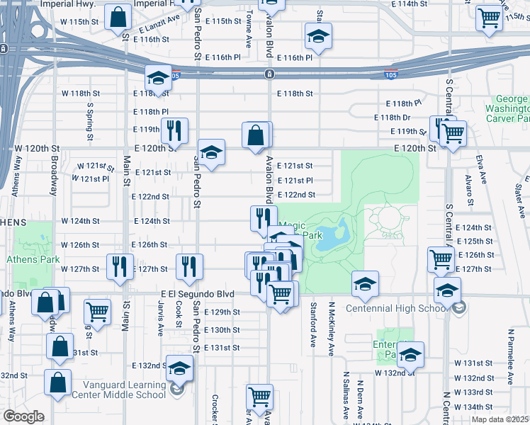 map of restaurants, bars, coffee shops, grocery stores, and more near 450 East 122nd Street in Los Angeles