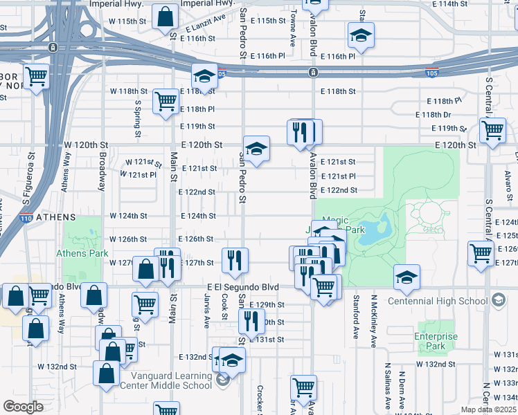 map of restaurants, bars, coffee shops, grocery stores, and more near 320 East 122nd Street in Los Angeles