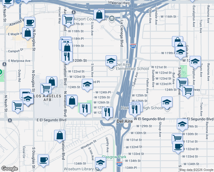 map of restaurants, bars, coffee shops, grocery stores, and more near 5302 West 123rd Place in Hawthorne