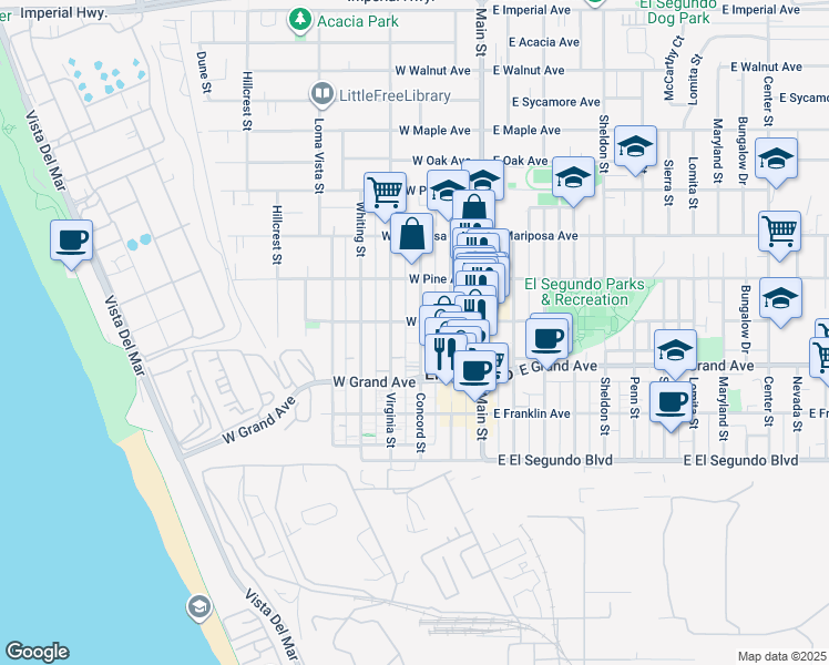 map of restaurants, bars, coffee shops, grocery stores, and more near 402 Virginia Street in El Segundo