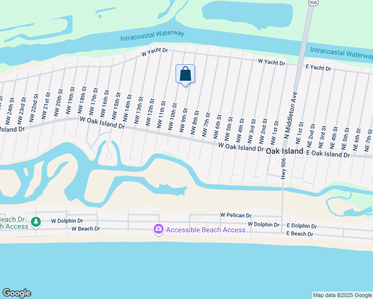 map of restaurants, bars, coffee shops, grocery stores, and more near 105 Southwest 8th Street in Oak Island