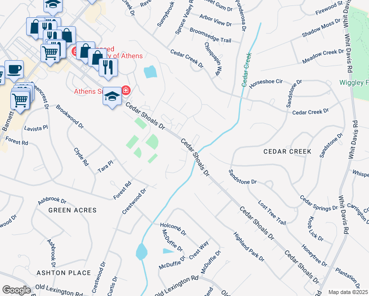 map of restaurants, bars, coffee shops, grocery stores, and more near 1395 Cedar Shoals Drive in Athens