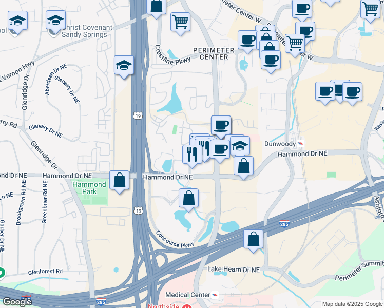 map of restaurants, bars, coffee shops, grocery stores, and more near 510 Garden Court in Sandy Springs