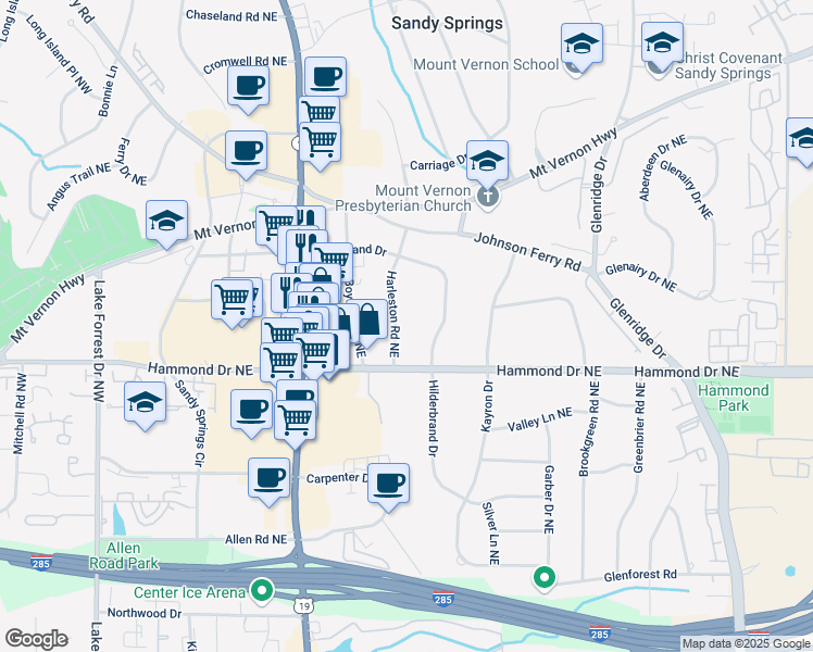map of restaurants, bars, coffee shops, grocery stores, and more near 6059 Harleston Road Northeast in Atlanta