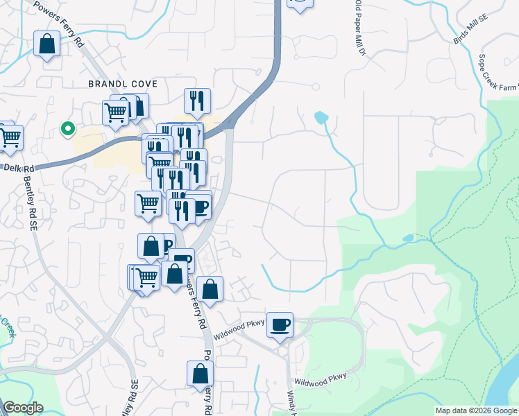 map of restaurants, bars, coffee shops, grocery stores, and more near 3145 Brookview Road in Marietta