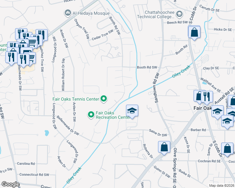 map of restaurants, bars, coffee shops, grocery stores, and more near 340 Pin Oak Court Southwest in Marietta