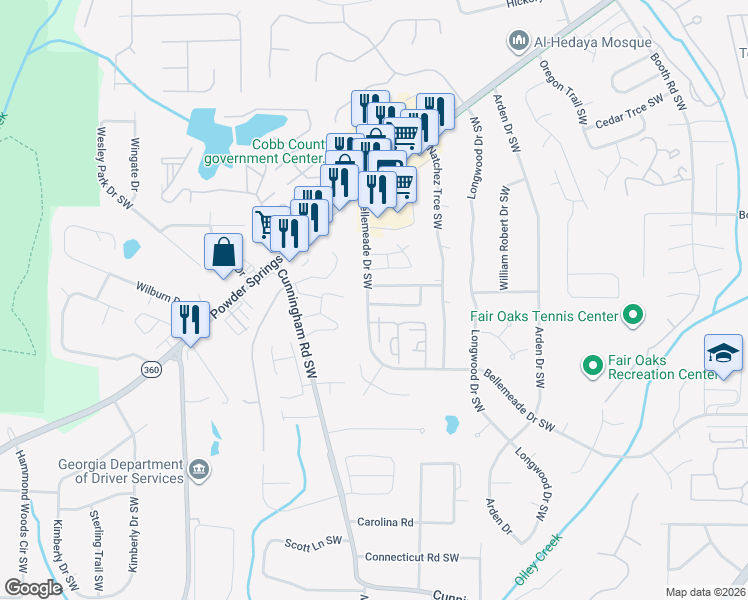 map of restaurants, bars, coffee shops, grocery stores, and more near 742 Springhollow Drive Southwest in Marietta