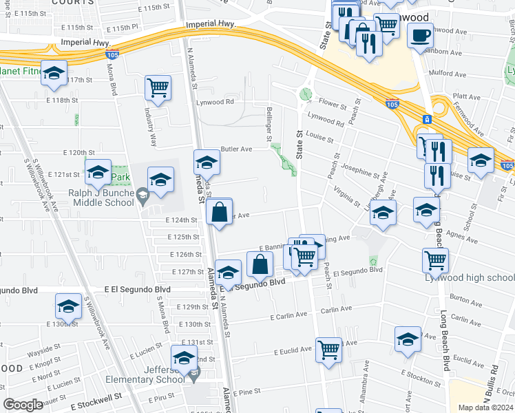 map of restaurants, bars, coffee shops, grocery stores, and more near 503 East Weber Avenue in Compton