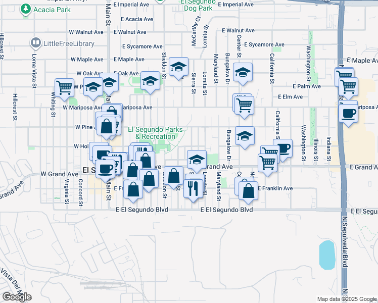 map of restaurants, bars, coffee shops, grocery stores, and more near 339 Sierra Street in El Segundo