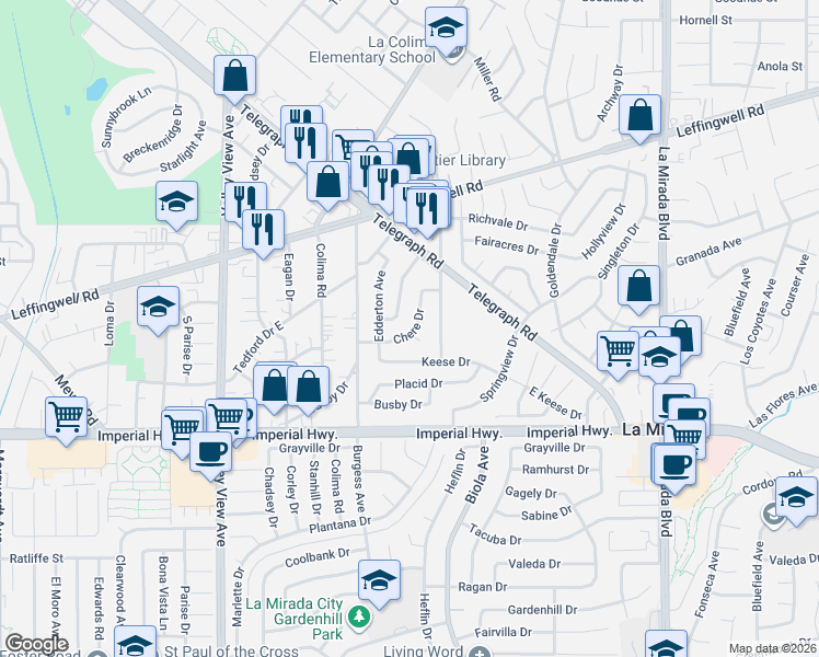 map of restaurants, bars, coffee shops, grocery stores, and more near 14505 Chere Drive in Whittier
