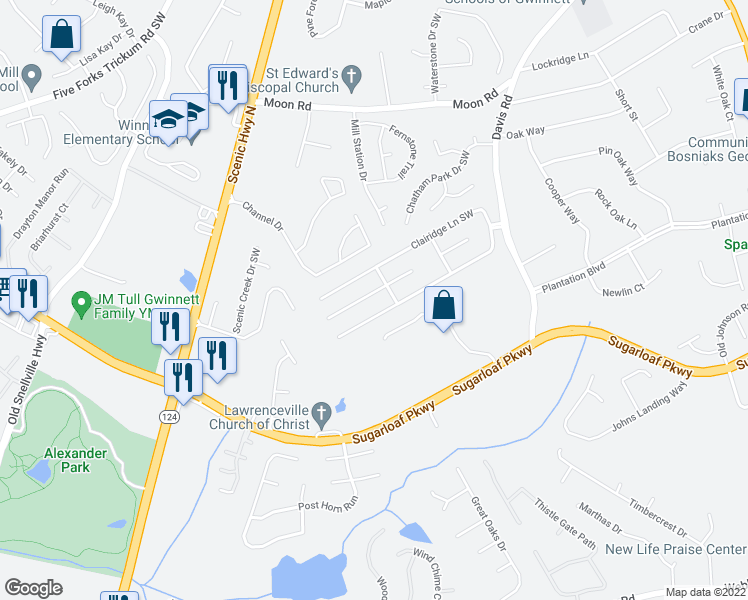 map of restaurants, bars, coffee shops, grocery stores, and more near 788 Clairidge Elm Trail Southwest in Lawrenceville