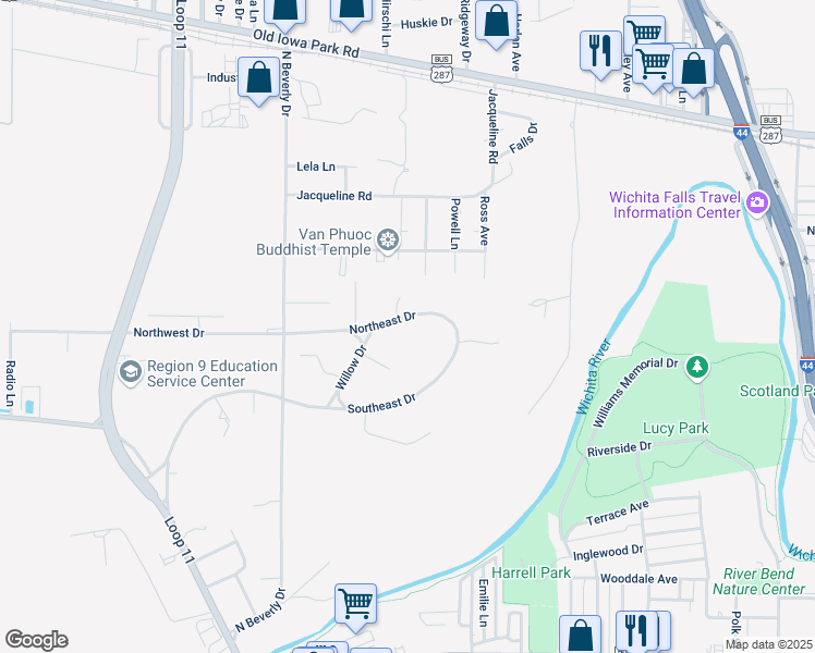 map of restaurants, bars, coffee shops, grocery stores, and more near 3118 Northeast Drive in Wichita Falls