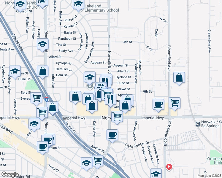 map of restaurants, bars, coffee shops, grocery stores, and more near Norwalk Boulevard in Norwalk